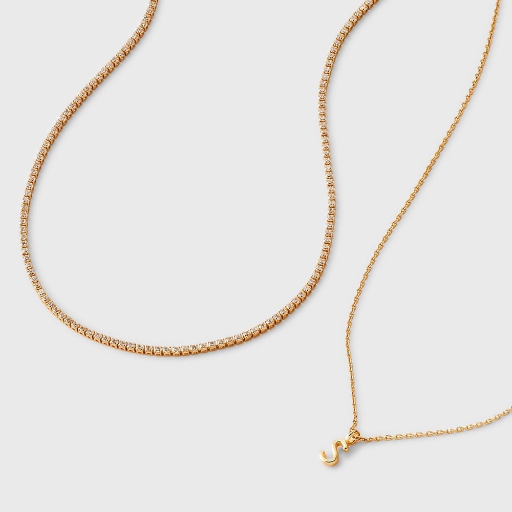 🔱 14K Gold Dipped Cubic Zirconia Initial “S” Necklace Set 2pc ⚜️ - Picture 3 of 4